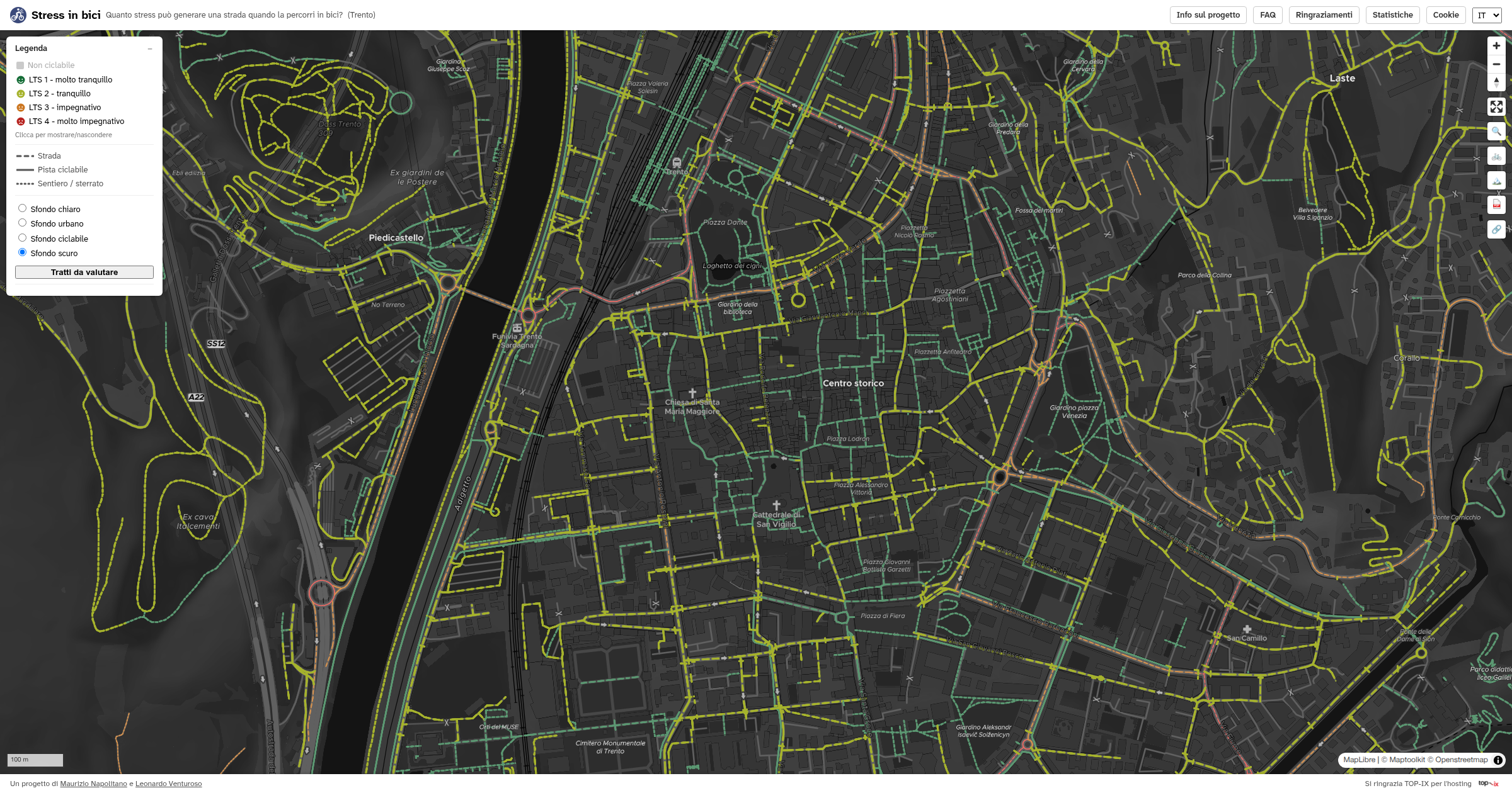 Stress in bici map showing cycling stress levels on the streets of Trento
