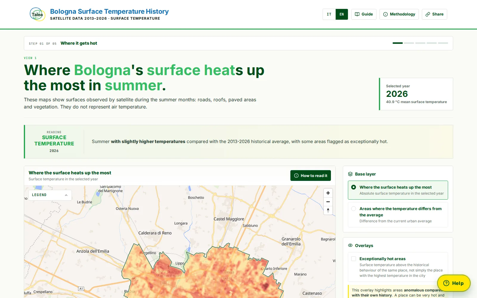 TALEA surface temperature history map of Bologna