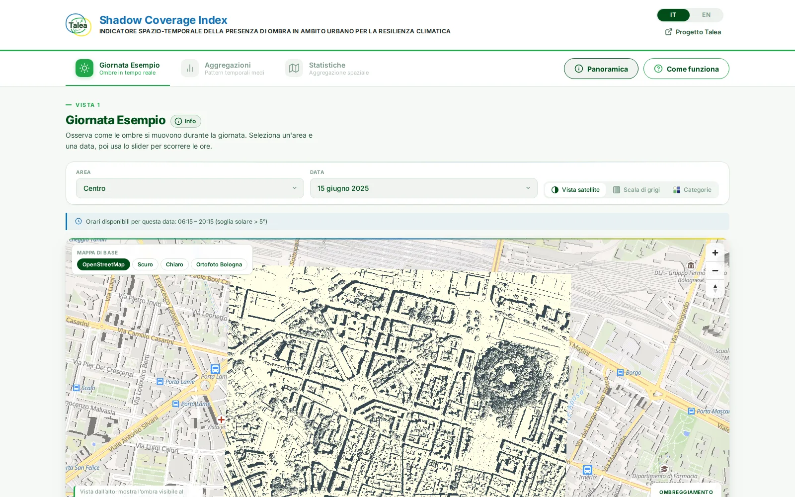 TALEA Shadow Coverage Index map of Bologna